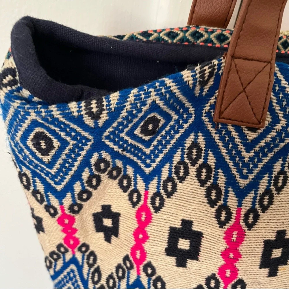 Boho Woven Tote Bag with Brown Handles - Navy, Pink & Cream